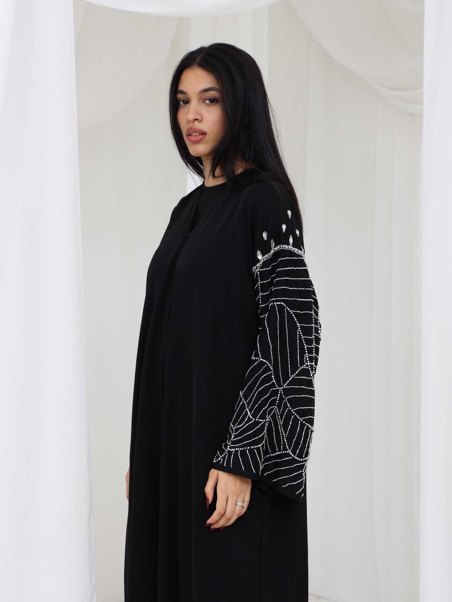 Fiddiya Abaya, Silver Beaded Leaf Sleeve