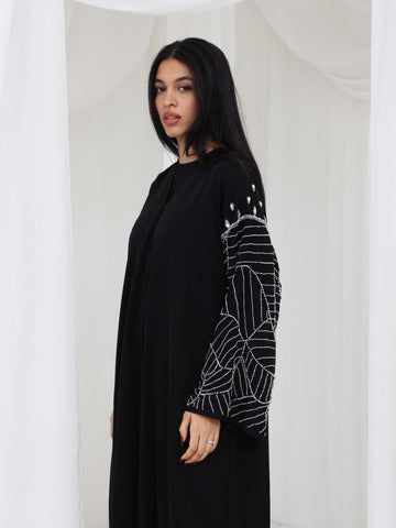 Fiddiya Abaya, Silver Beaded Leaf Sleeve