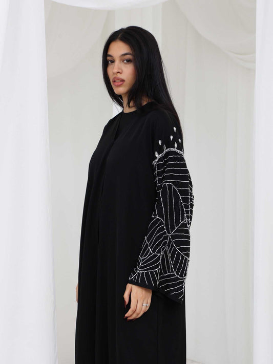 Fiddiya Abaya, Silver Beaded Leaf Sleeve