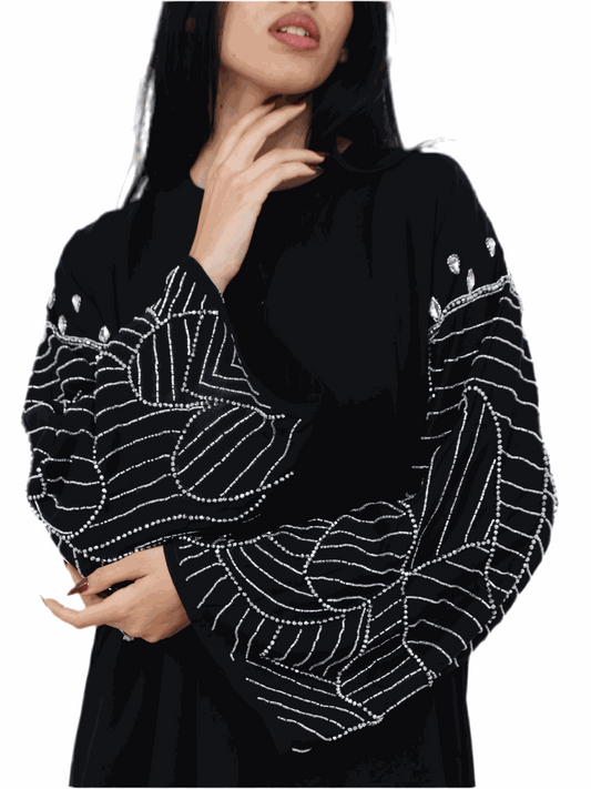 Fiddiya Abaya, Silver Beaded Leaf Sleeve