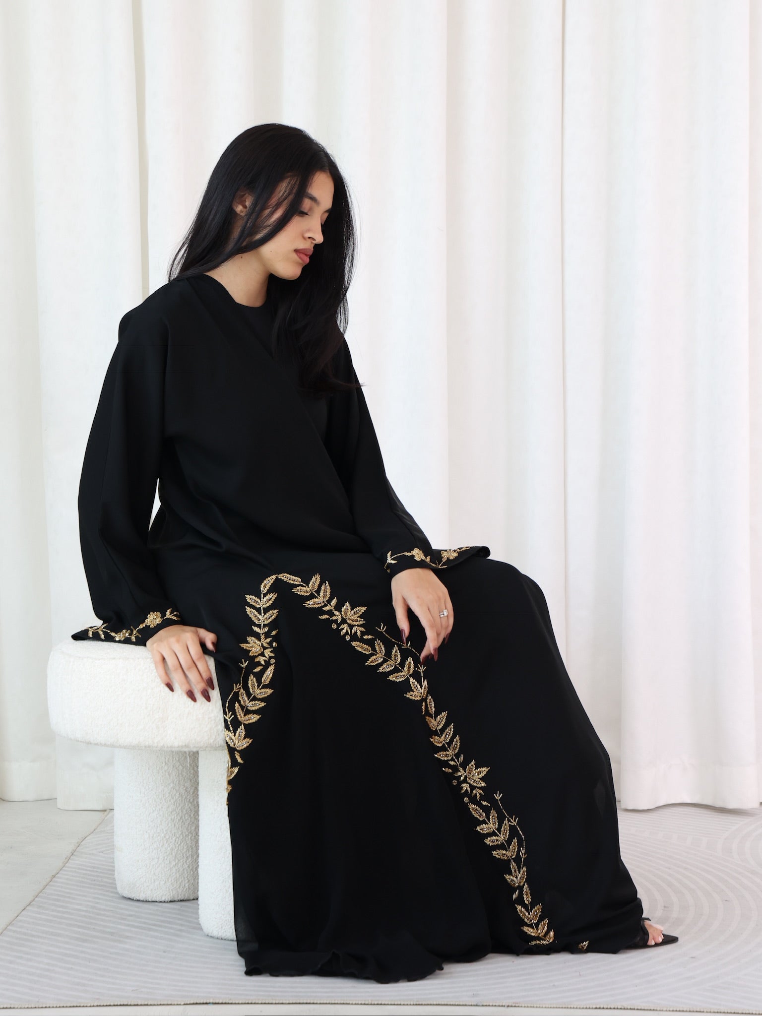Hamsah Dhahabiya Abaya – Gold Beaded Elegance | Shop now ZR Abaya Luxe