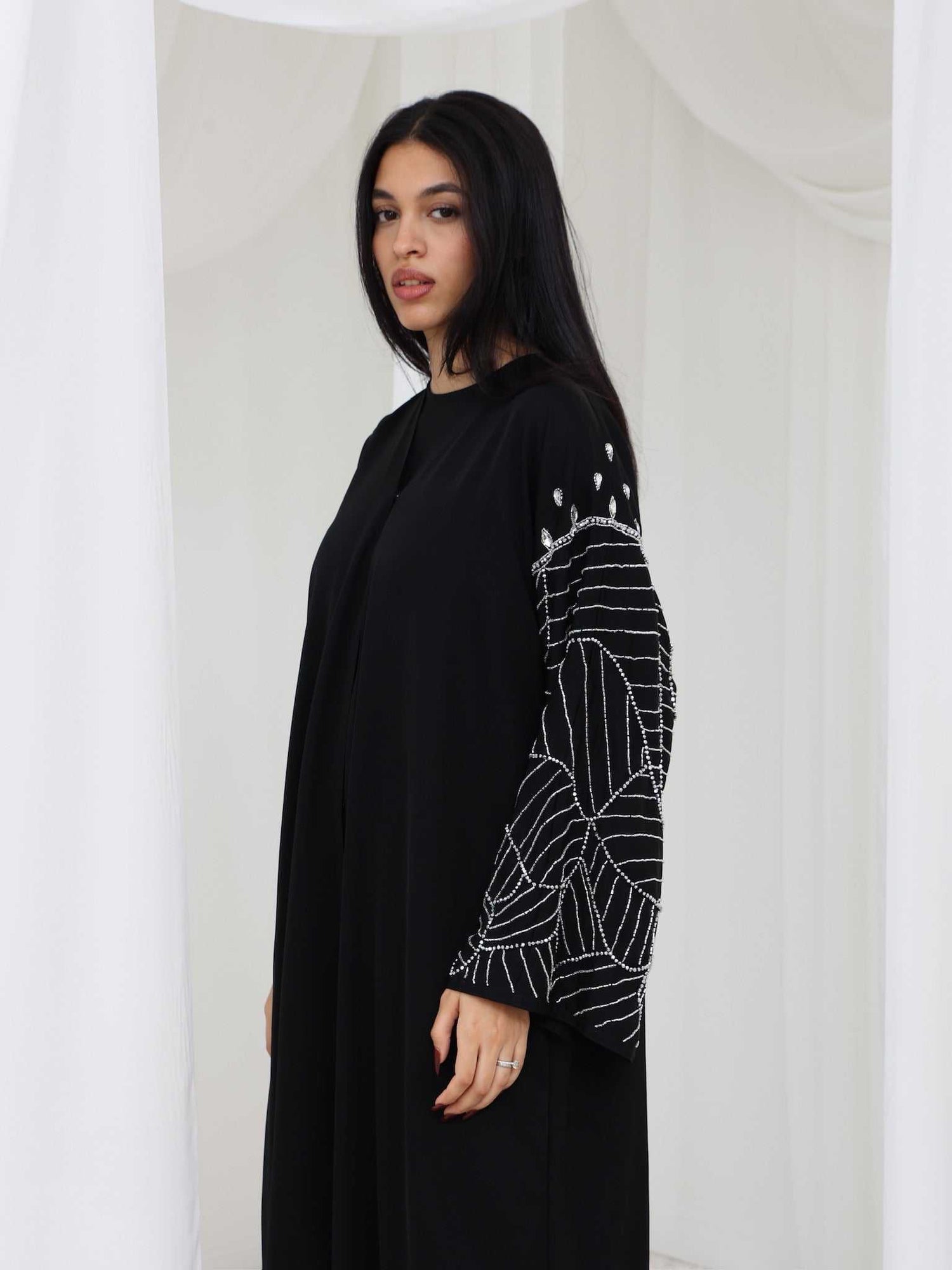 Fiddiya Abaya, Silver Beaded Leaf Sleeve